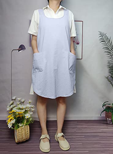 Cotton Cross Back Aprons Solid Color Cooking Kitchen Garden Smock for Women Girls with Pockets (Blue / 37W x 32L)