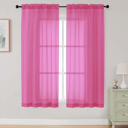 Hot Pink Sheer Curtains 63 Inch Length 2 Panels Set for Living Room Bedroom (Hot Pink / 42"W x 63"L (Pack of 2))