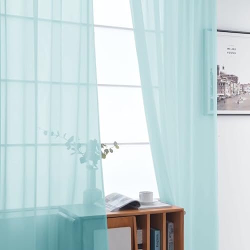 Basic Rod Pocket Sheer Voile Window Curtain Panels Sky Blue 1 Pair 2 Panels 52 Width 90 Inch Long for Kitchen Bedroom Children Living Room Yard（Sky Blue (Sky Blue / 52"W x 90"L (Pack of 2))