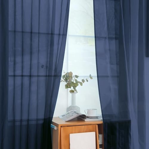 Solid Sheer Rod Pocket Curtain Voile Draperies 2 Panels White Beige Black Grey Coffee 52 Inch Width 72 Inch Long 1 Pair for Kitchen Bedroom Children Living Room Yard (Navy / 52"W x 72"L (Pack of 2))