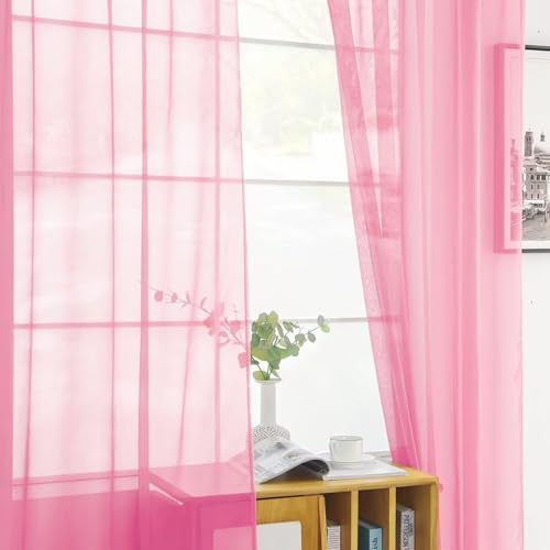 Solid Sheer Rod Pocket Curtain Voile Draperies 2 Panels White Beige Black Grey Coffee 52 Inch Width 45 Inch Long 1 Pair for Kitchen Bedroom Children Living Room Yard (Pink / 52"W x 45"L (Pack of 2))