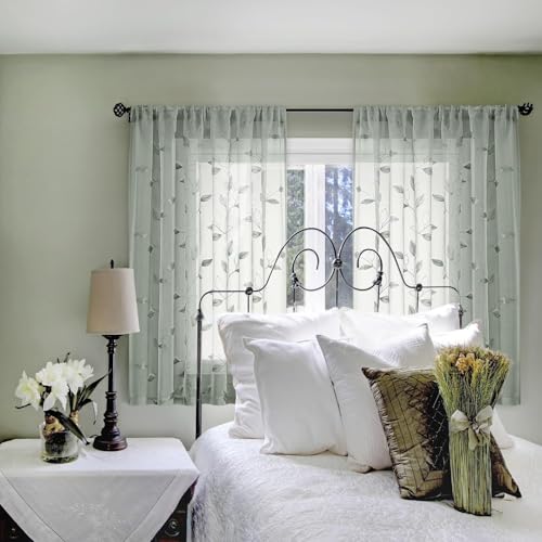 Sage Green Kitchen Curtains Leaf Embroidered (52"W x 54"L (Pack of 2) / 1-sage Green)