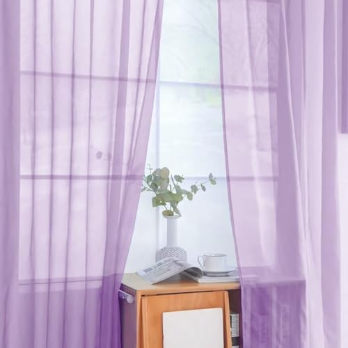 Solid Sheer Rod Pocket Curtain Voile Draperies 2 Panels White Beige Black Grey Coffee 52 Inch Width 90 Inch Long 1 Pair for Kitchen Bedroom Children Living Room Yard (Lavender / 52"W x 90"L (Pack of 2))