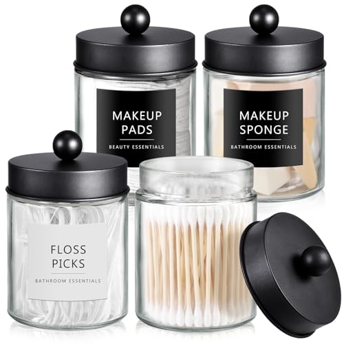 4 Pack Glass Qtip Holder with Matte Black Stainless Steel Lids (4 pack / Black)