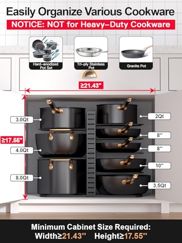 8 Tier Lightweight Pots and Pans Organizer under Cabinet (Black / 14.55"H)