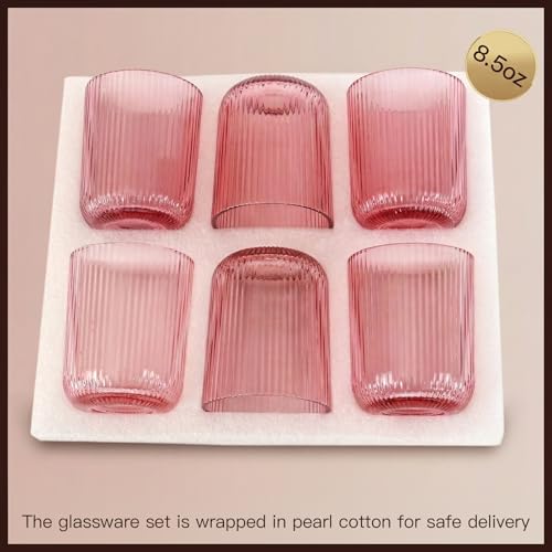 Pink Ribbed Drinking Glasses Set of 6 (6pcs-Pink-8.5oz)