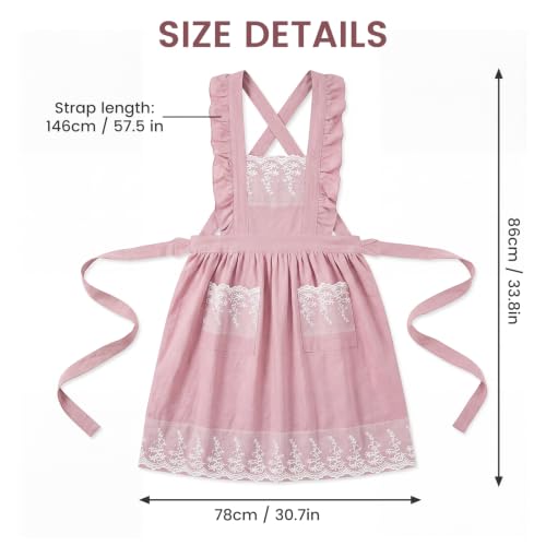 Vintage Aprons for Woman with Pockets Cute Lace Ruffle Adjustable Apron for Cooking Kitchen Baking Gardening (Pink)