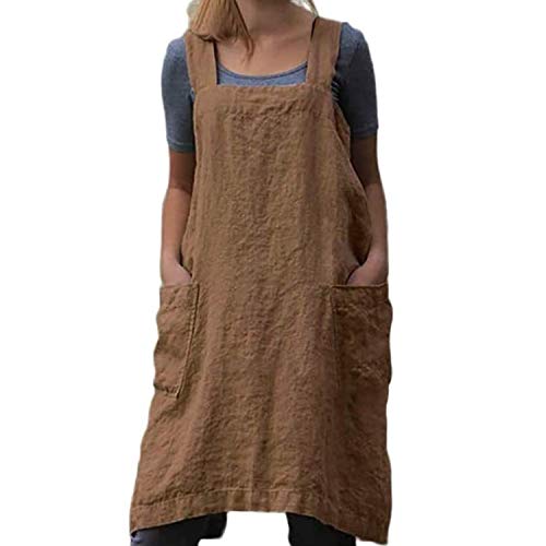 Cotton Linen Apron Cross Back Apron for Women with Big Pockets Square Pinafore Dress for Baking Cooking BBQ&Grill (Khaki / 3X-Large)