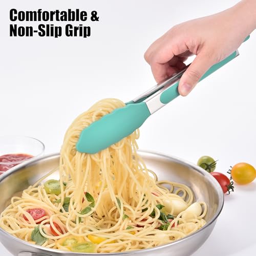 Kitchen Tongs with Silicone Tips for Cooking Serving (9in / Aqua Sky)