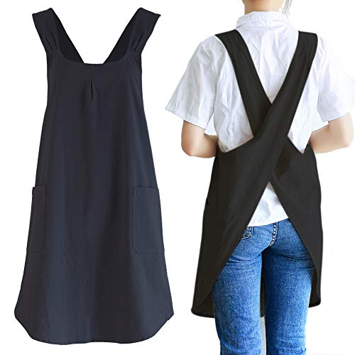 Japanese Linen Cross Back Kitchen Cooking Aprons for Men with Pockets for Baking Painting Gardening Cleaning Black (04 - Women's Black)