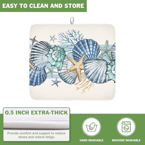 Summer Sea Shell Drying Mat 18x16 Inch (White Blue Teal / 18" x 16")
