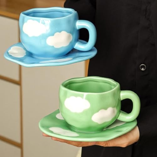 Sky and White Clouds Coffee Mug with Saucer (Green)