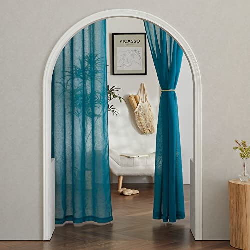 Semi Sheer Curtains Flax Linen Texture (52"W x 84"L (Pack of 2) / Peacock Green)