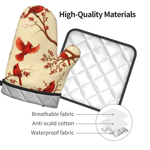 Red Cardinal Oven Mitts and Pot Holders Sets of 3 (Cardinal Bird)