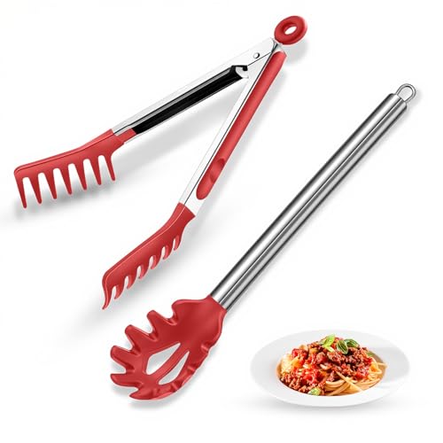 Spaghetti Spoon and Pasta Tong with Teeth and Drain Holes (Red)