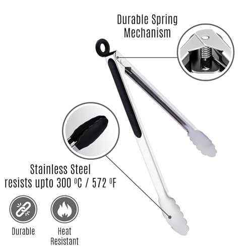 Stainless Steel Kitchen Tongs Set (Pack of 2 Black & Silver (9" & 12"))
