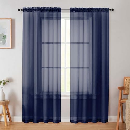 Navy Blue Sheer Curtain for Bedroom Living Room 72 Inches Long 2 Panels Set (Navy Blue / 42"W x 72"L (Pack of 2))