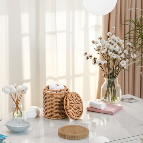 Rattan Q tip Holder with Lid (3.94" x 3.94" x 4.73")