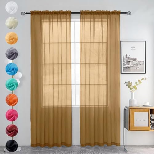 Solid Sheer Rod Pocket Curtain Voile Draperies 2 Panels White Beige Black Grey Ivory 52 Inch Width 45 Inch Long 1 Pair for Kitchen Bedroom Children Living Room Yard (Light Brown / 52"W x 45"L (Pack of 2))