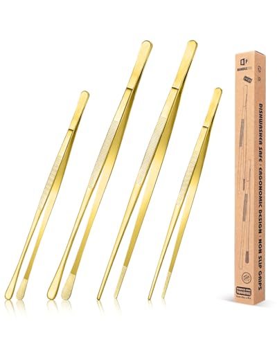 4 Pcs Fine Long Tweezer Tongs Professional Gold (Gold)