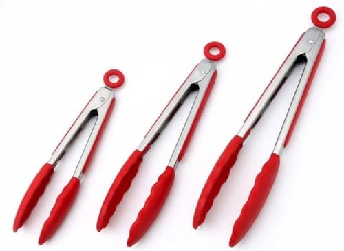 Stainless Steel Kitchen Tongs Set with Silicone Tips (3 Pack Green)