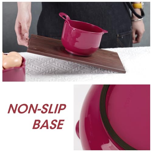 4 Pack Nesting Mixing Bowl Set with Pour Spout and Handle (Deep Carmine)