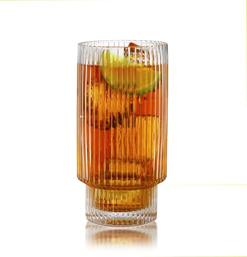 Qualia Carousel Highball Glasses Set of 4 Ribbed Glass Cups 18 oz Fluted Cocktail Glasses Lead (Clear)