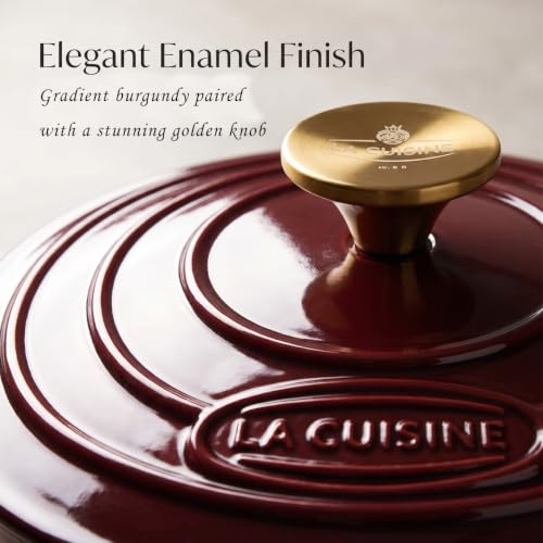 La Cuisine Enameled Cast Iron Oval Dutch Oven Casserole Dish Pot with Lid 5 QT Internal Matt Black Enamel Coating (5.0 QT Oval / Cranberry)