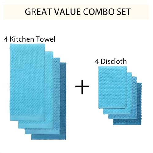8 Pack 100% Cotton Kitchen Towels and Dishcloths Sets (Ocean Set / 16" x 25" - 8 Pack)