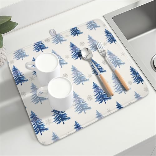 Winter Dish Drying Mat 16 x 18 Inch Blue Tree Dish Drying Pad Absorbent Microfiber Mats for Snowflake Dish Rack Pad for Holiday Kitchen Counter Coffee Bar Decor (Winter Blue / 16" x 18")