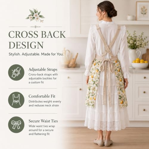 Pinafore Apron Dress for Women with Pockets Adjustable Floral Kitchen Apron (Sage Green)