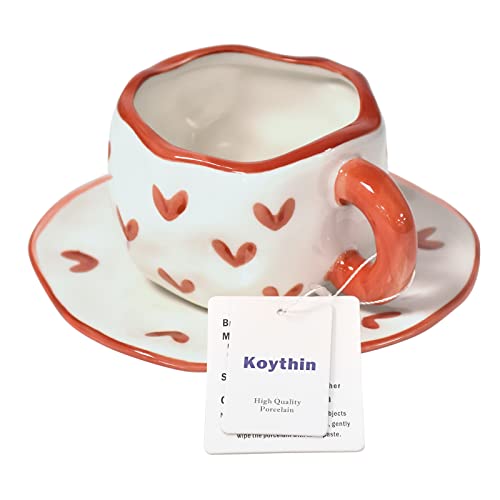 10oz Irregular Ceramic Mug With Saucer (Red Heart)