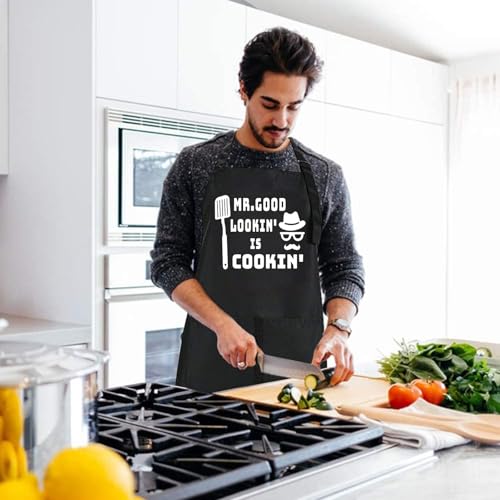 Funny Black Chef Aprons for Men Adjustable BBQ Kitchen Cooking Apron (Mr.good Lookin，is Cookin)