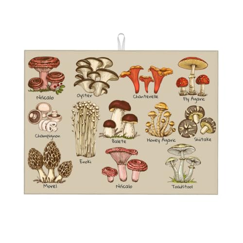 Mushrooms Dish Drying Mat XL Microfiber Kitchen Drying Mat Large Dish Drying Mats for Kitchen Counter Absorbent Quick Drying Pad 18x24 Inch (Mushrooms)