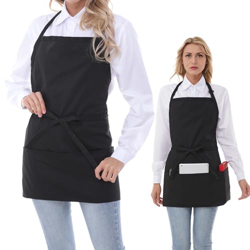Aprons for Women with 3 Pockets (Black, 2 Pack / One Size)