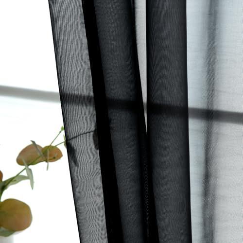 Basic Rod Pocket Sheer Voile Window Curtain Panels Black 1 Pair 2 Panels 26 Width 30 Inch Long for Kitchen Bedroom Children Living Room Yard（Black (Black / 26"W x 30"L (Pack of 2))