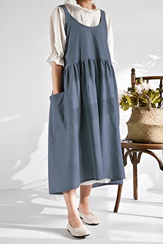 Japanese Cotton Cross Back Smock Apron for Women with Pockets Blue Grey (04 - Blue Grey Without Waist Ties)