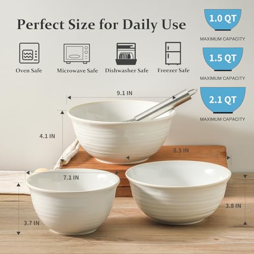 Mixing Bowls Ceramic Serving Dishes for Cooking (Clay-Infused White / 40+65+84 Ounce)