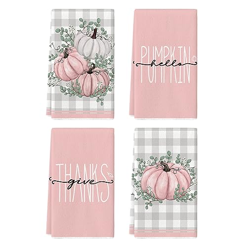 Pink Pumpkin Leaves Fall Kitchen Towels Set of 4 18x26 Inch (Pink)
