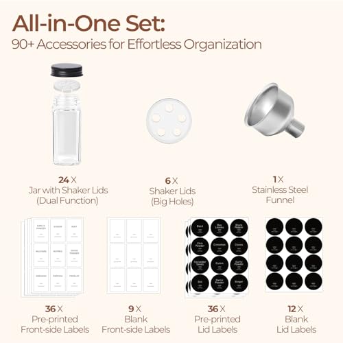 Glass Spice Jars with with Labels 4 oz 24 Pack Small Square Bulk Set (Metal Black Lids)