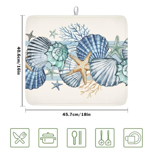 Summer Sea Shell Drying Mat 18x16 Inch (White Blue Teal / 18" x 16")