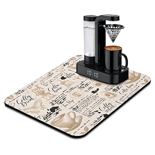 Coffee Bar Mat Accessories for Countertop Absorbent Hide Stain Rubber Backed Dish Drying Mats for Kitchen Counter Draining Pad Decor Gift (Coffee / 18" x 24")