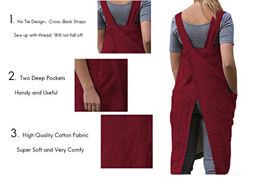 Women’s Pinafore Square Apron Baking Cooking Gardening Works Cross Back Cotton (XX-Large / Red)