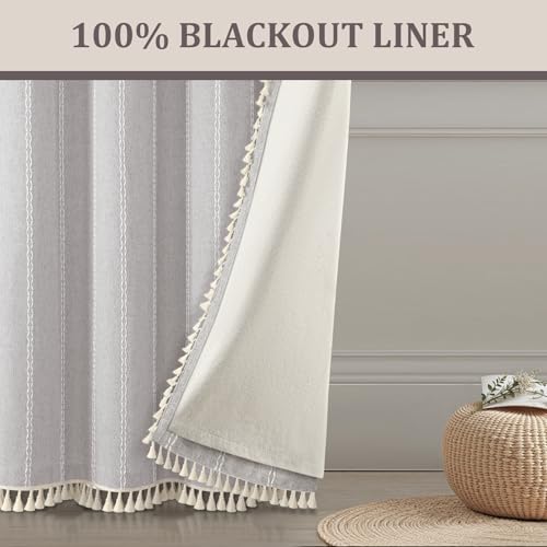 Grey 100% Boho Blackout Curtains 84 Inch 2 Panels with Tassels (Grey / 52"W x 84"L (Pack of 2))