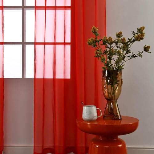 Sheer Red Curtains 4 Panels Rod Pocket Semi (Red / 52"W x 54"L (Pack of 4))
