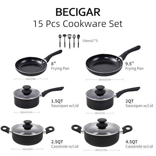 Black Ceramic Pots and Pans Set (15 pcs Black Pot Set)