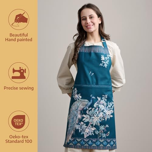 Aprons for women with Pocket 100% Cotton Pack of 1 (011 - Peacock Utopia - Deep Sea)