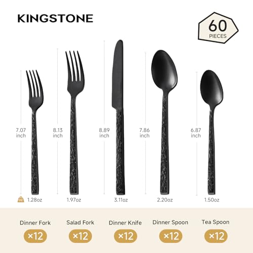 60 Pcs Black Hammered Silverware Set for 12 (Black / 60-Piece)