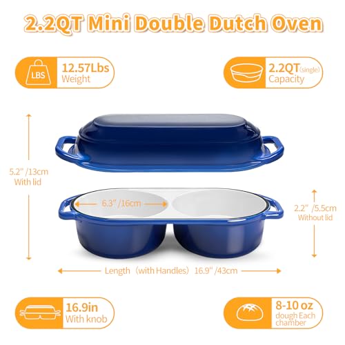 Mini Double Dutch Oven For Sourdough Bread Baking (Blue / 2.2QT)