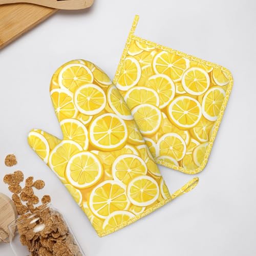 Oven Mitts and Pot Holders Lemon Watercolor Yellow Silicone Kitchen Accessories Set of 4 Heat Resistant Long Gloves Potholder Non (A0664213)